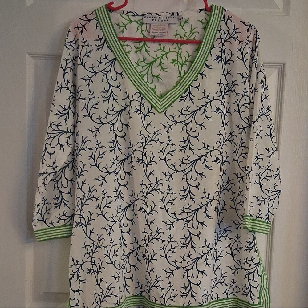 Gretchen Scott Blue Coral Reef Tunic Top Green Striped Trim White M Excellent
